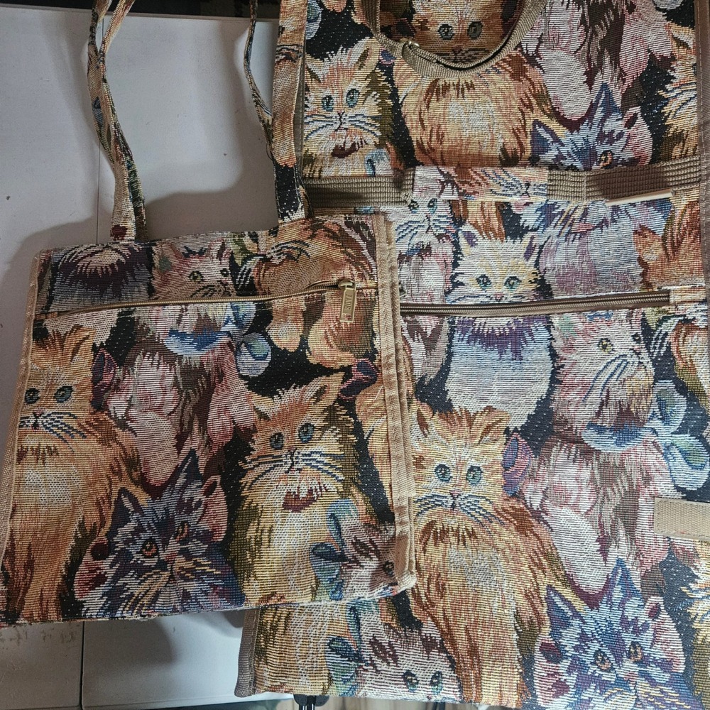 Jade Vintage Cat Tapestry Tote Bag and Rolling Travel Organizer Set Kitten Print